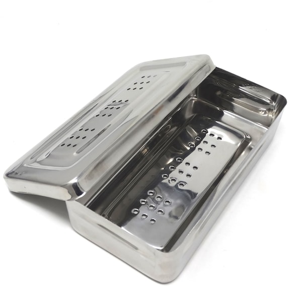 A2Z Scilab Stainless Steel Medical Instrument Box Organizer Perforated Storage Tray w/ Lid - 8Lx4Wx1.5H A2Z-ZR-BOX842-FN - main